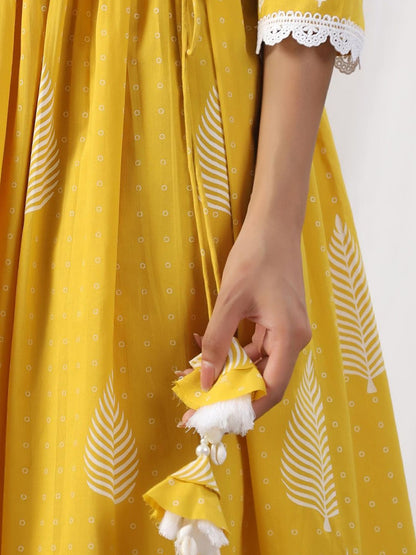 Dhiyona IS Women's Ethnic Motifs Printed Angrakha Thread Work Pure Cotton Kurta with Trousers & Dupatta