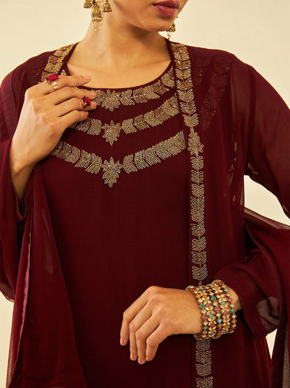 Dhiyona SO Women's Maroon Embellished Regular Beads and Stones A-Line Kurta with Churidar & With Dupatta