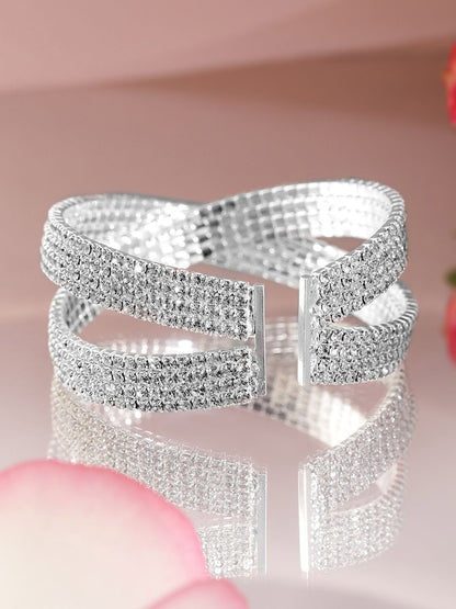 Dhiyona RJ Women's Rhodium-Plated Crystals Stone Studded Cuff Bracelet
