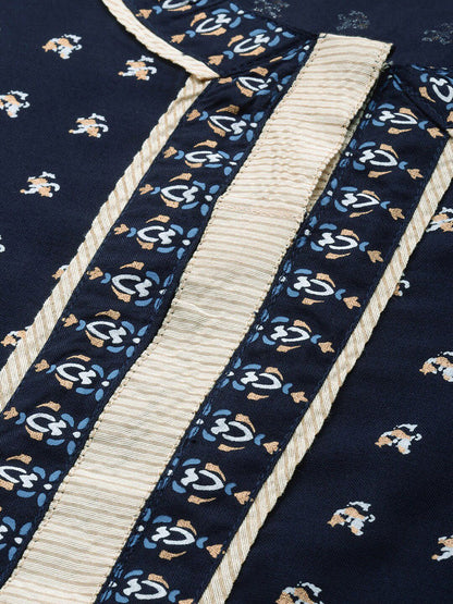 Women Navy Blue Ethnic Motifs Printed Liva Kurti with Palazzos