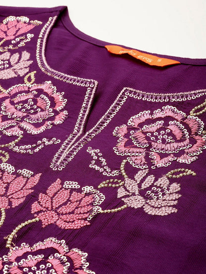 Dhiyona IE Floral Embroidered Sequinned Liva Kurta With Trousers & Dupatta