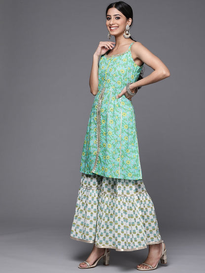 Dhiyona VA Women's Sea Green & White Floral Printed Gotta Patti Pure Cotton Kurta with Sharara