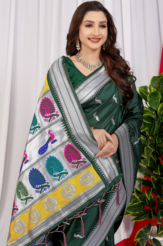 Dhiyona GR Women's Chandramukhi Bottle Green Zari Paithani Silk Saree