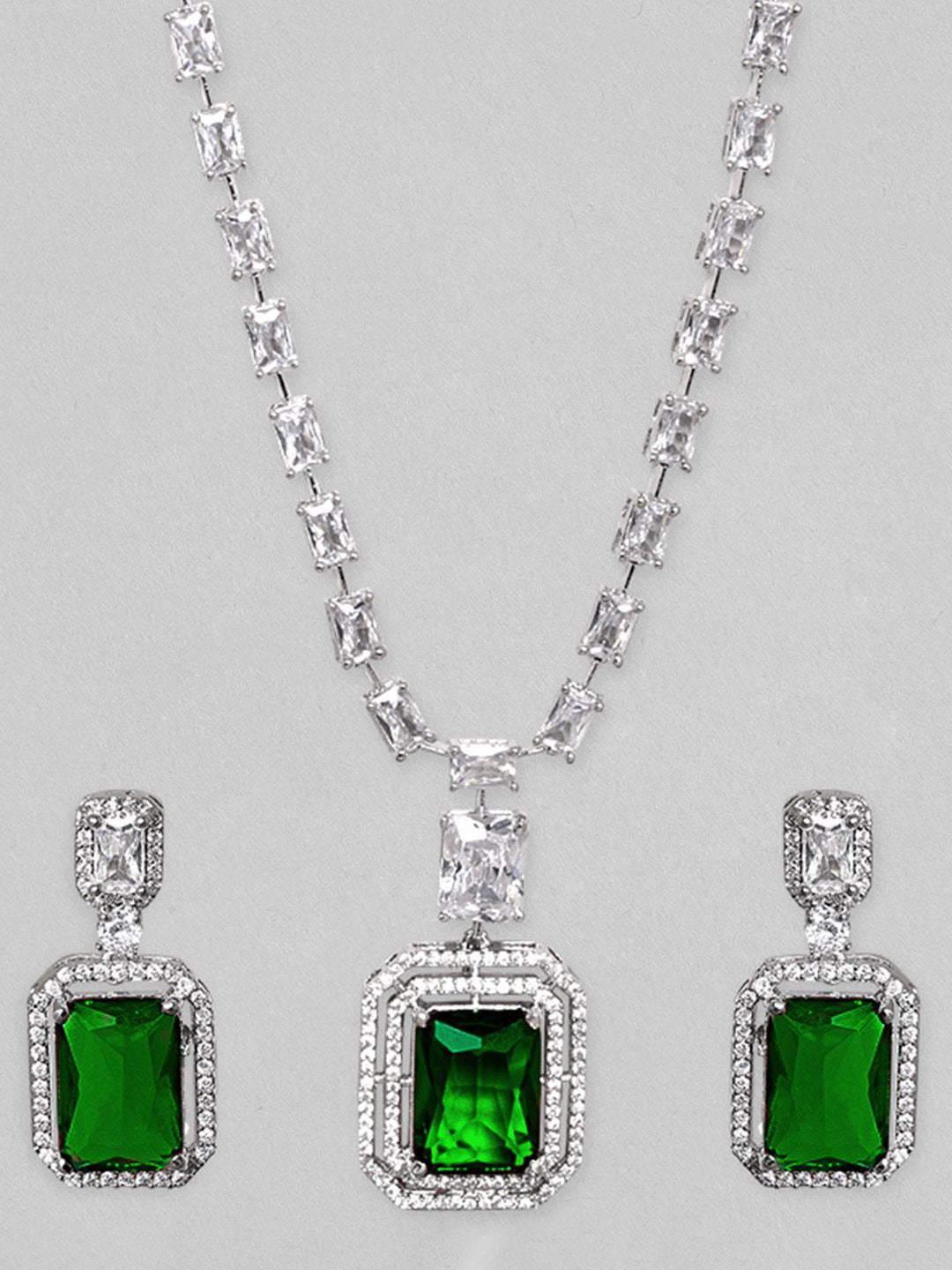 Dhiyona RJ Women's Rhodium-Plated Emerald Green & Cubic Zirconia Studded Necklace Set