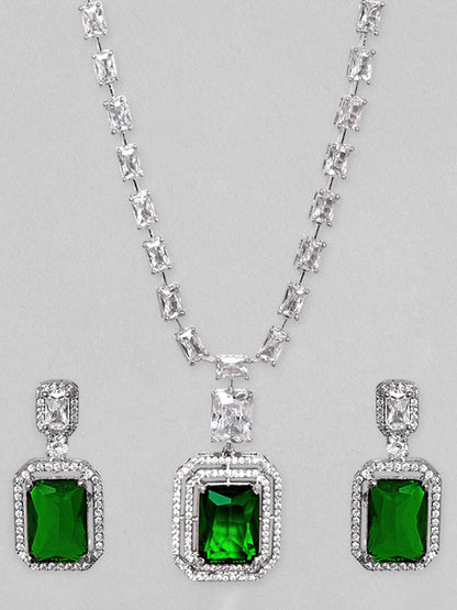 Dhiyona RJ Women's Rhodium-Plated Emerald Green & Cubic Zirconia Studded Necklace Set