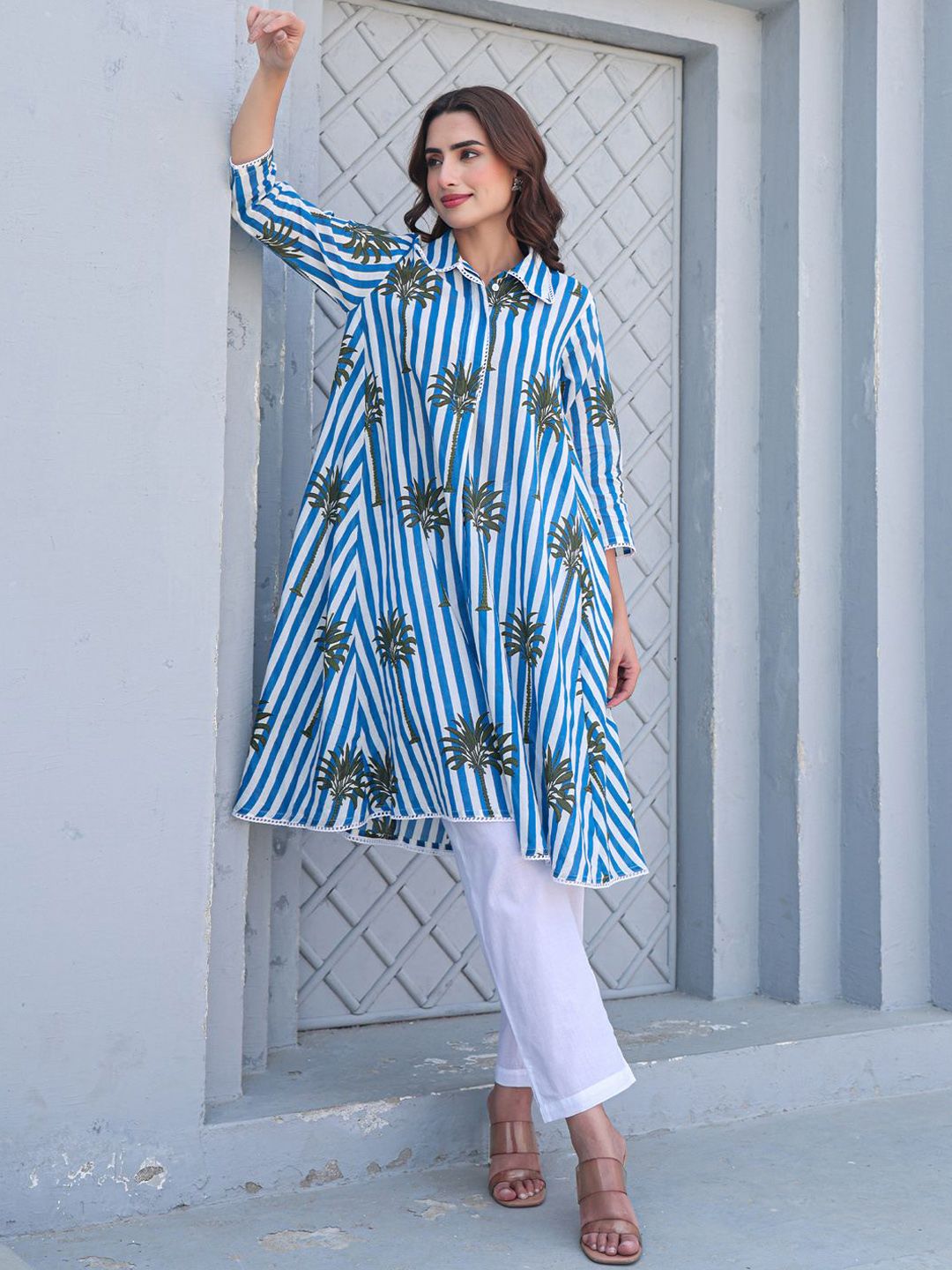 Floral Printed Shirt Collar Pure Cotton A-Line Kurta With Trousers