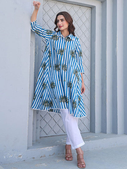 Floral Printed Shirt Collar Pure Cotton A-Line Kurta With Trousers