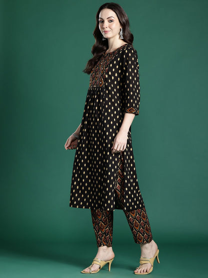 Dhiyona IE Printed Pleated Pure Cotton Kurta with Trousers