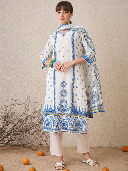 Dhiyona IE Floral Printed Pure Cotton Straight Kurta With Trousers & Dupatta