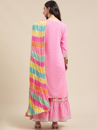 Dhiyona VA Women's Pink Gotta Patti Pure Cotton Kurta with Sharara & Leheriya Dupatta