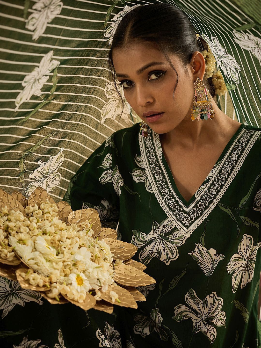 Dhiyona IE Floral Printed V-Neck Pure Cotton Straight Kurta With Trouser & Dupatta