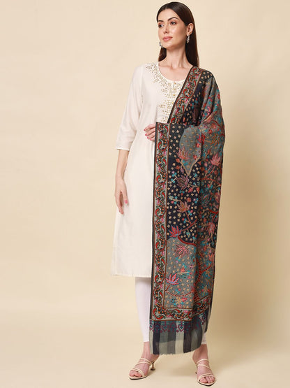 Dhiyona PA Women Grey Embroidered Pure Wool Shawl