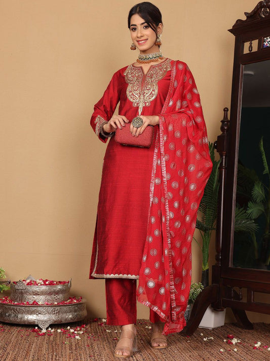 Dhiyona VA Women's Ethnic Motifs Embroidered Regular Sequinned Kurta with Trousers & Dupatta