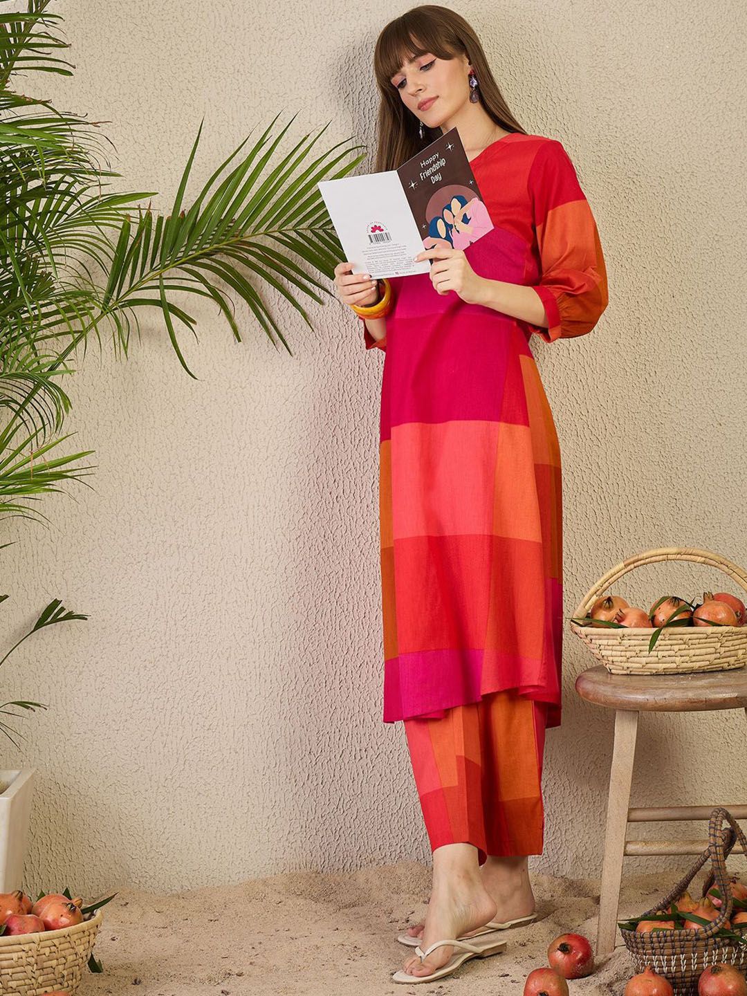 Dhiyona IE Women Pure Cotton Colourblocked A-Line Kurta With Pants Co-Ords