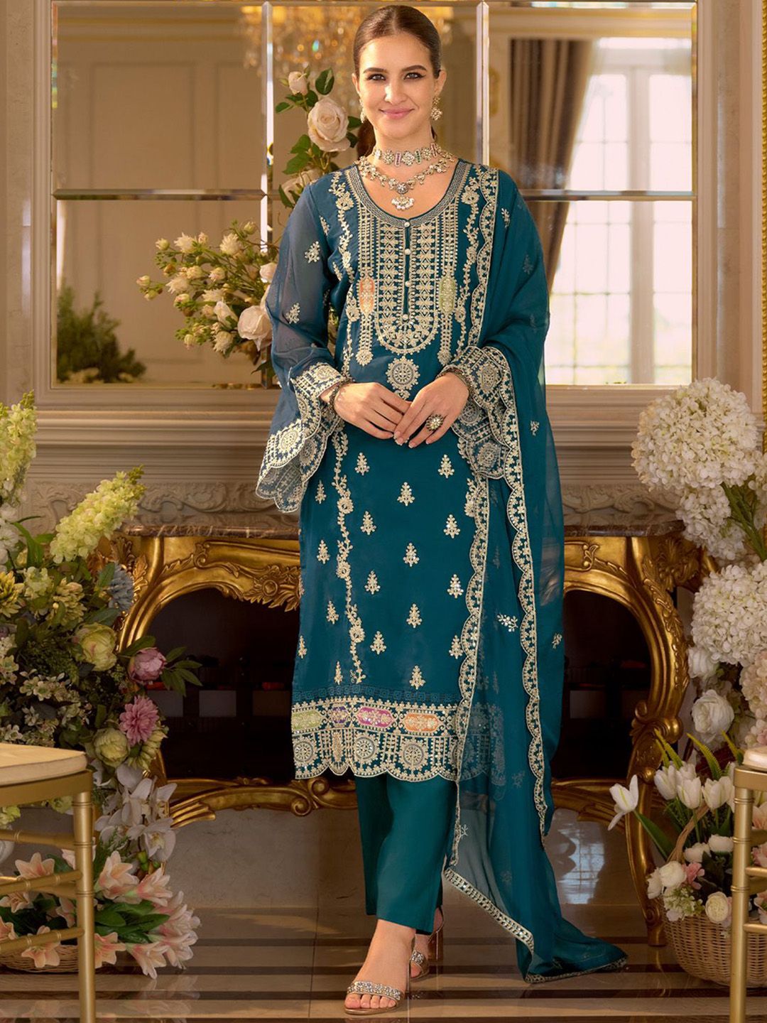 Adults-Women Woven Design Embroidered Kurta with Trousers & Dupatta