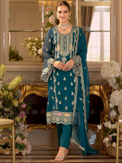 Adults-Women Woven Design Embroidered Kurta with Trousers & Dupatta