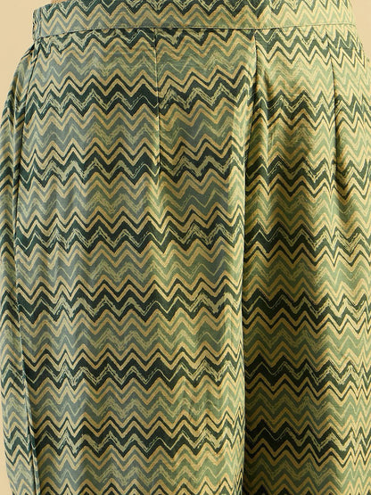 Dhiyona IE Green Floral Printed V-Neck Pure Cotton A-Line Kurta with Trousers & Dupatta