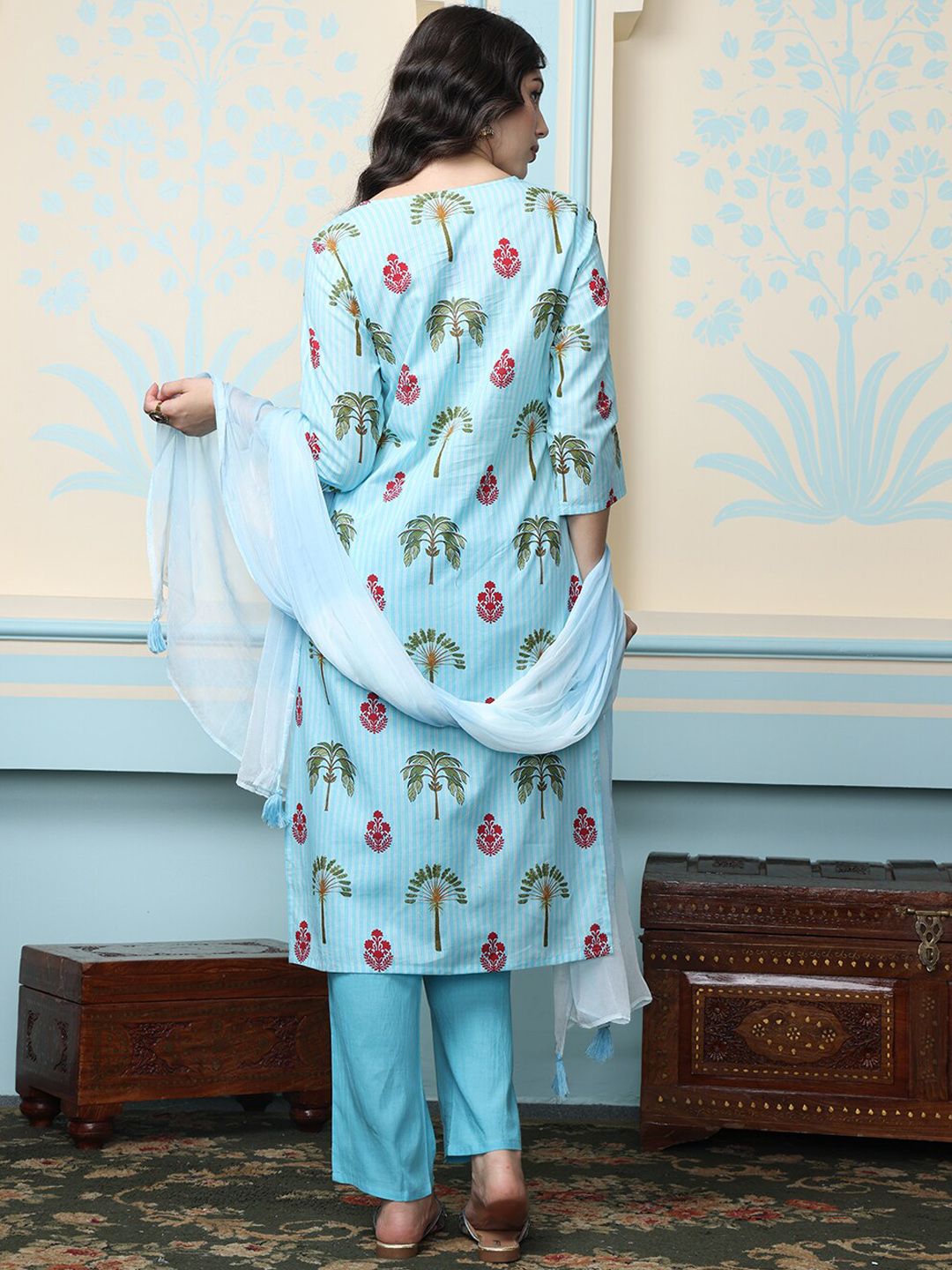 Dhiyona IS Women's Blue Ethnic Motifs Printed Mirror Work Pure Cotton Kurta With Trousers & Dupatta