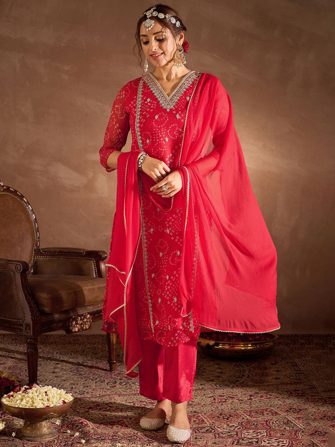 Dhiyona IE Bandhani Printed V-Neck Zari Silk Chiffon Straight Kurta With Trousers & Dupatta
