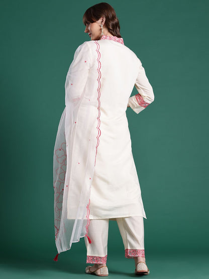 Floral Embroidered Pleated Thread Work Kurta with Trousers & With Dupatta