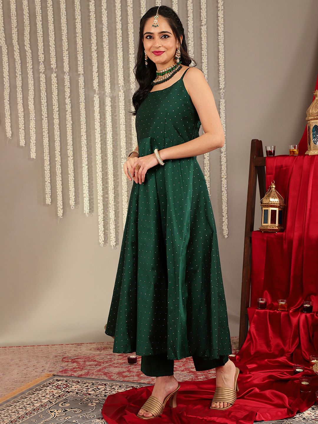 Dhiyona VA Women'sWoven Design Shoulder Straps Zari Detail Anarkali Kurta & Trousers With Dupatta