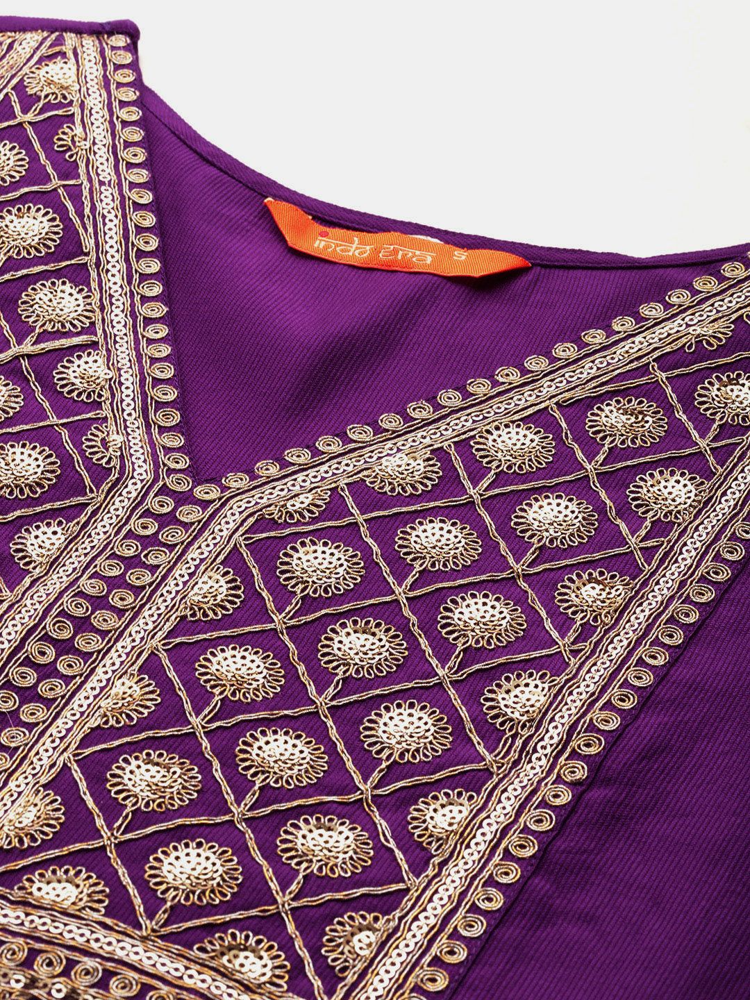 Ethnic Motifs Yoke Design Sequinned Liva Kurta With Trousers & Dupatta