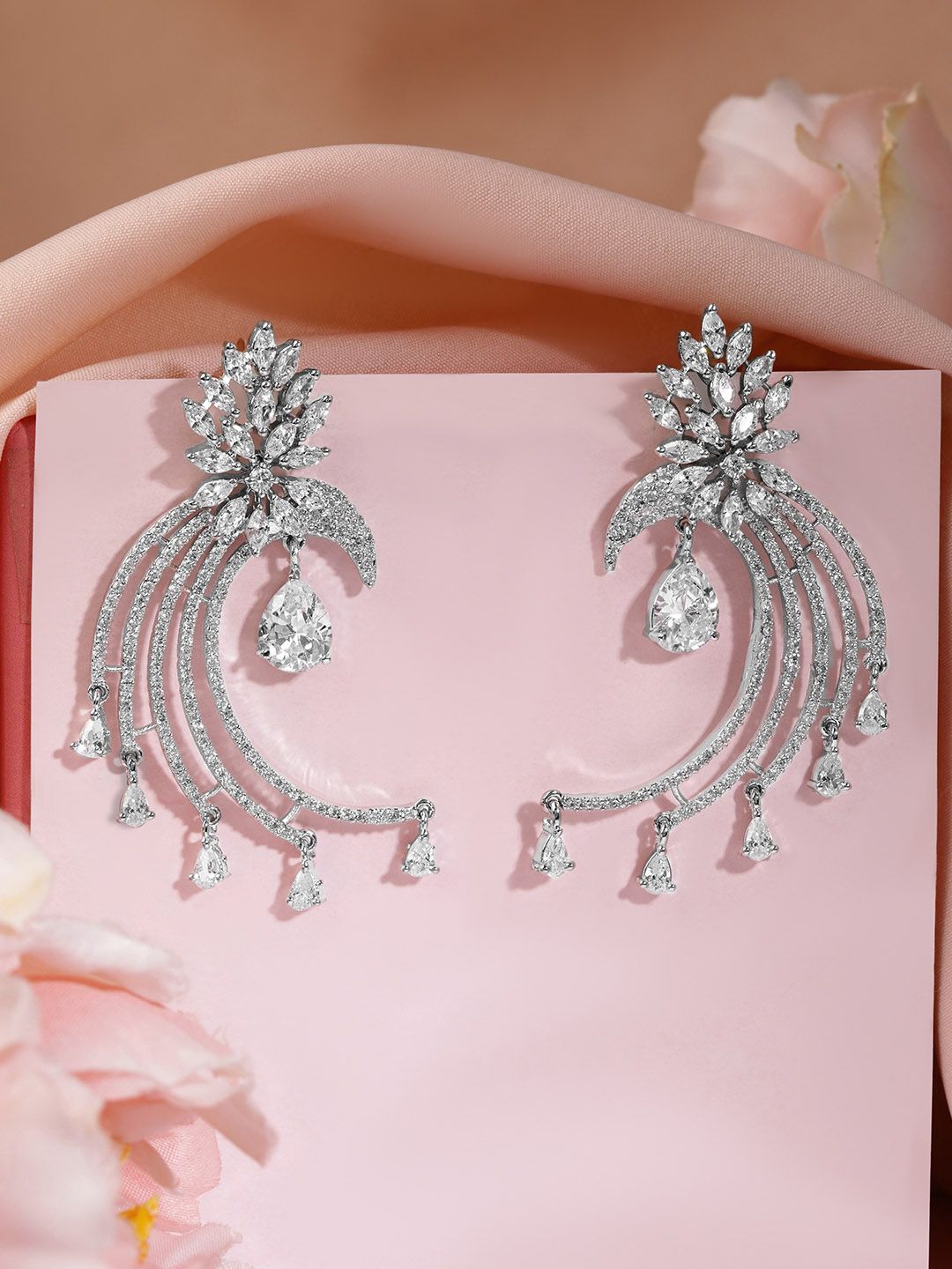 Dhiyona RJ Women's Silver-Plated AD and Cubic Zirconia Studded Statement Drop Earrings