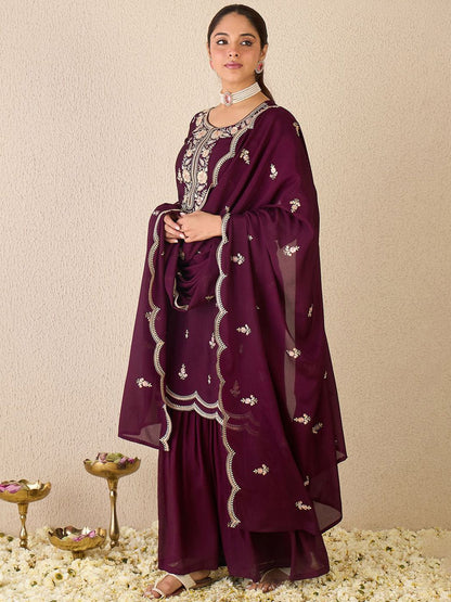 Dhiyona IE Women Ethnic Motifs Embroidered Regular Sequinned Kurta with Sharara & With Dupatta