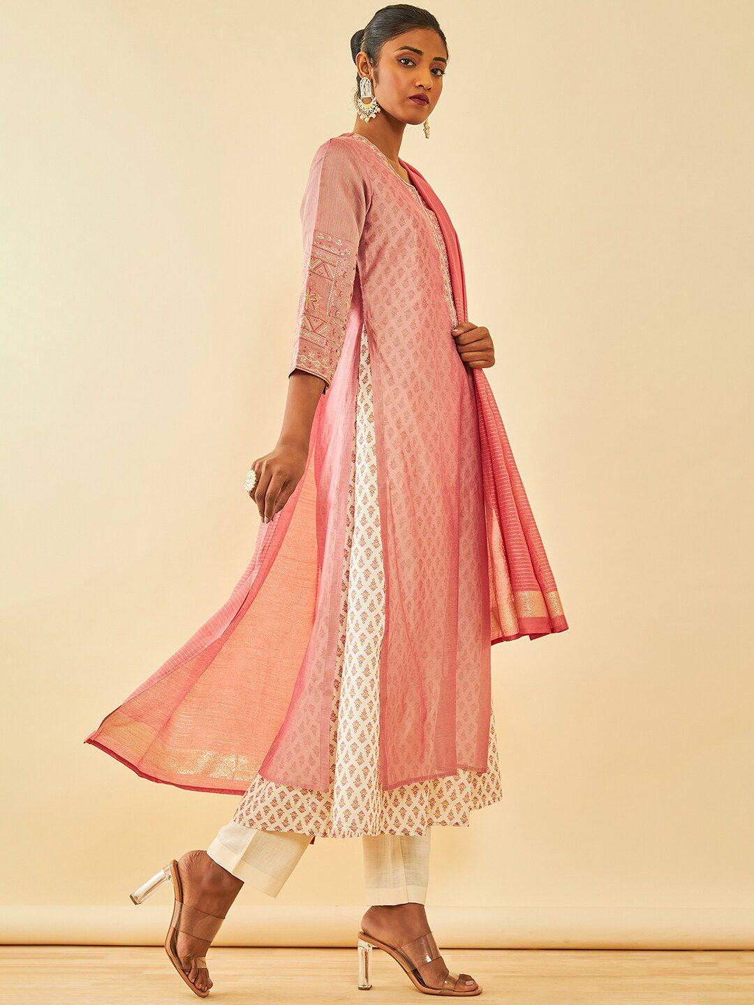Dhiyona SO Women's Floral Printed Layered Thread Work Chanderi Silk Kurta with Trousers & With Dupatta