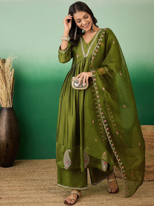 Dhiyona SN Women's Olive Green Zari Sequence Embroidered A-Line Kurta With Palazzos & Dupatta