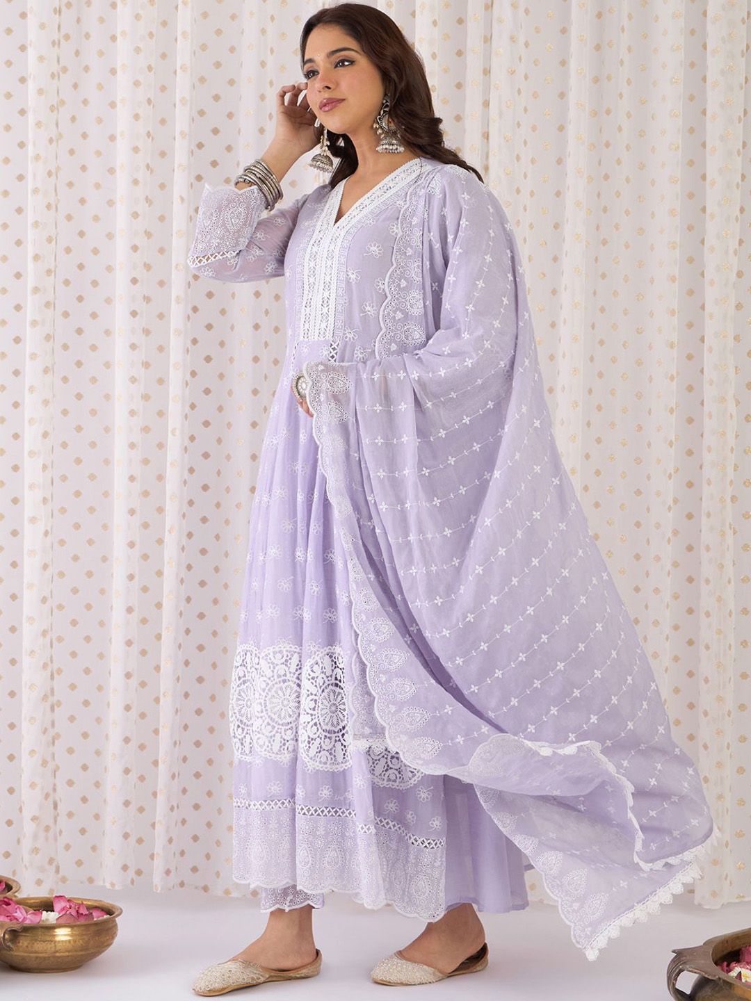 Women Ethnic Motifs Thread Work Pure Cotton Kurta with Trousers & With Dupatta