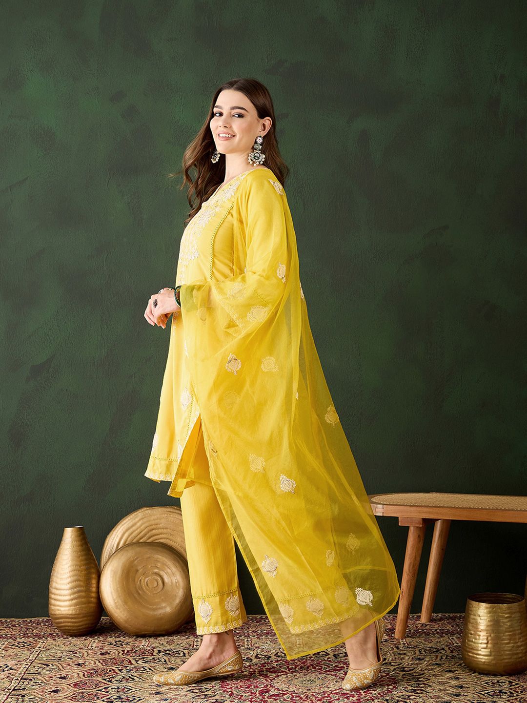 Dhiyona SN Women's Yellow Floral Embroidered Sequined Straight Kurta With Trousers & Dupatta