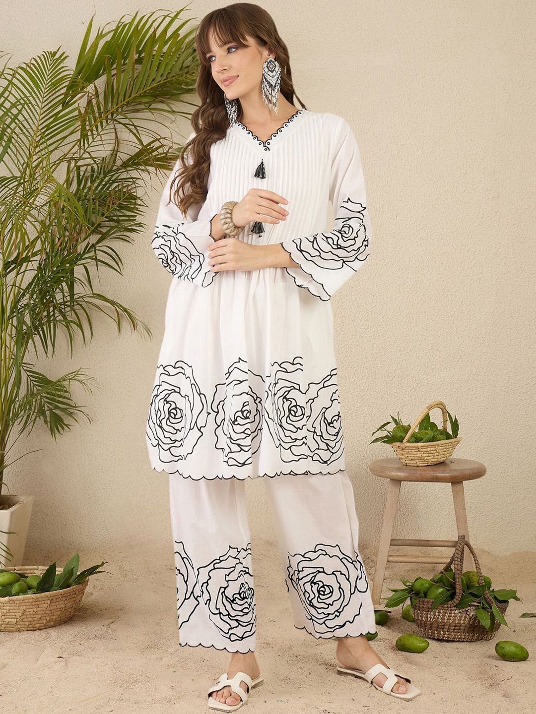 Women Floral Printed Pleated Mirror Work Pure Cotton Kurta with Palazzos