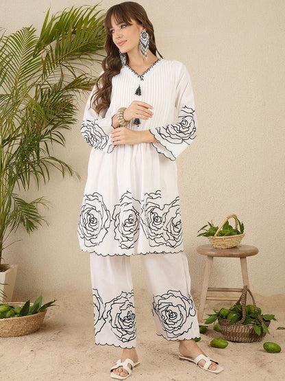 Women Floral Printed Pleated Mirror Work Pure Cotton Kurta with Palazzos