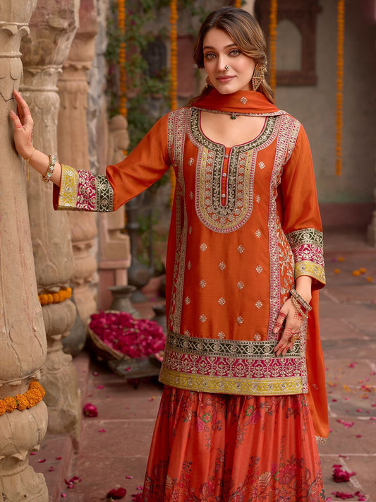 Dhiyona IE Floral Embroidered Sequinned Chinon Straight Kurta With Sharara & Dupatta