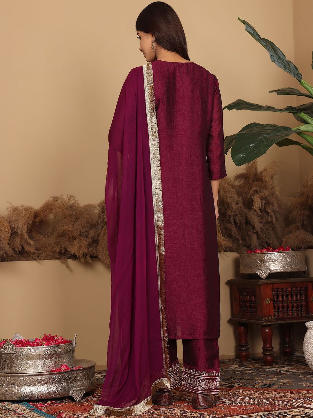 Dhiyona VA Women'sEthnic Motifs Embroidered Regular Kurta with Trousers & Dupatta