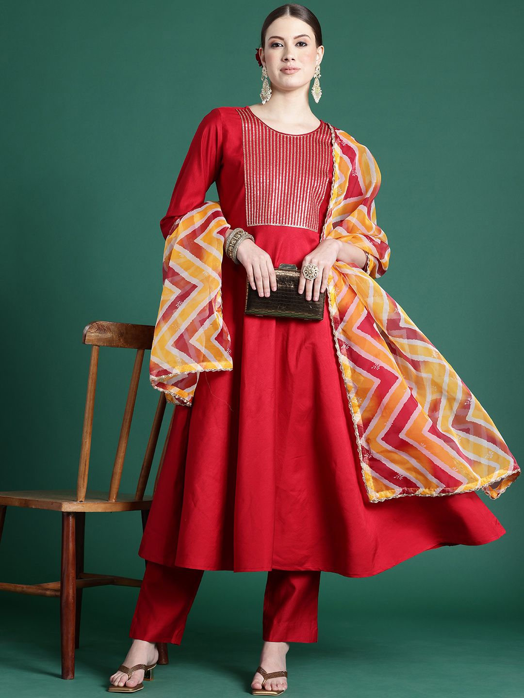 Yoke Design Pleated Sequinned Liva Kurta With Trousers & Dupatta