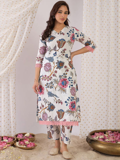 Dhiyona IE Floral Printed V-Neck Pure Cotton Straight Kurta With Trouser