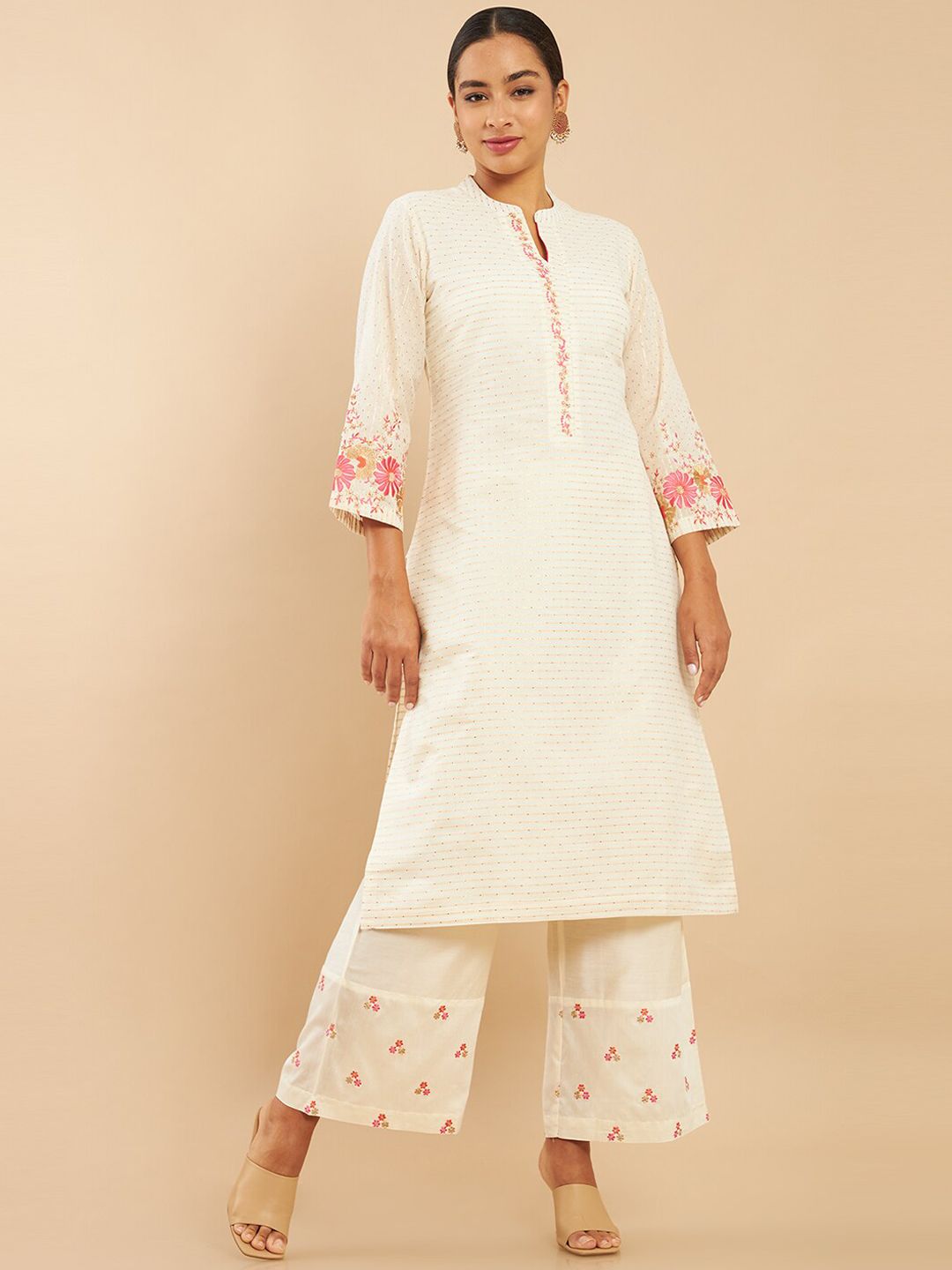 Dhiyona SO Women's Women Off-White Embroidered Panelled Pure Cotton Kurta with Trousers