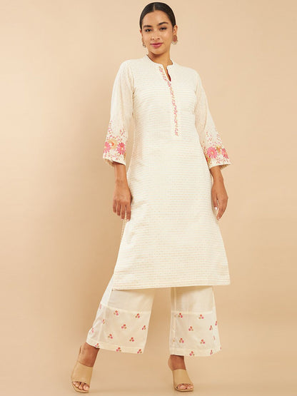 Dhiyona SO Women's Women Off-White Embroidered Panelled Pure Cotton Kurta with Trousers