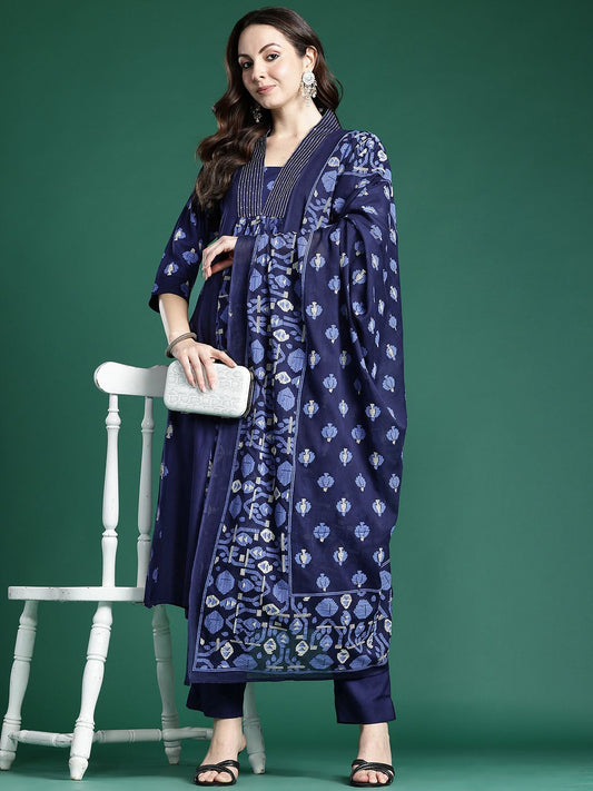 Dhiyona IE Floral Printed Panelled Pure Cotton Kurta with Trousers & Dupatta