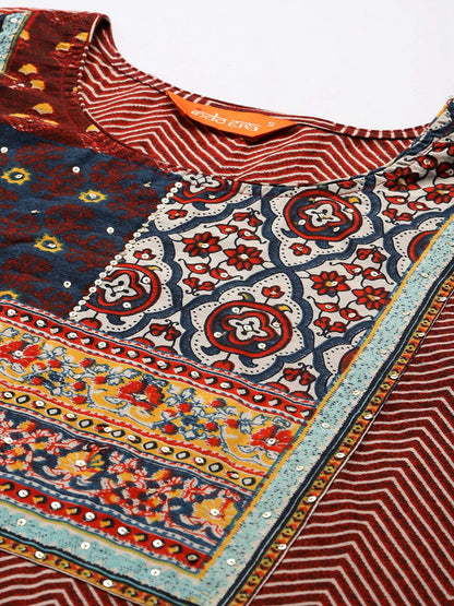 Dhiyona IE Ethnic Motifs Printed Pure Cotton Kurta with Trousers & Dupatta