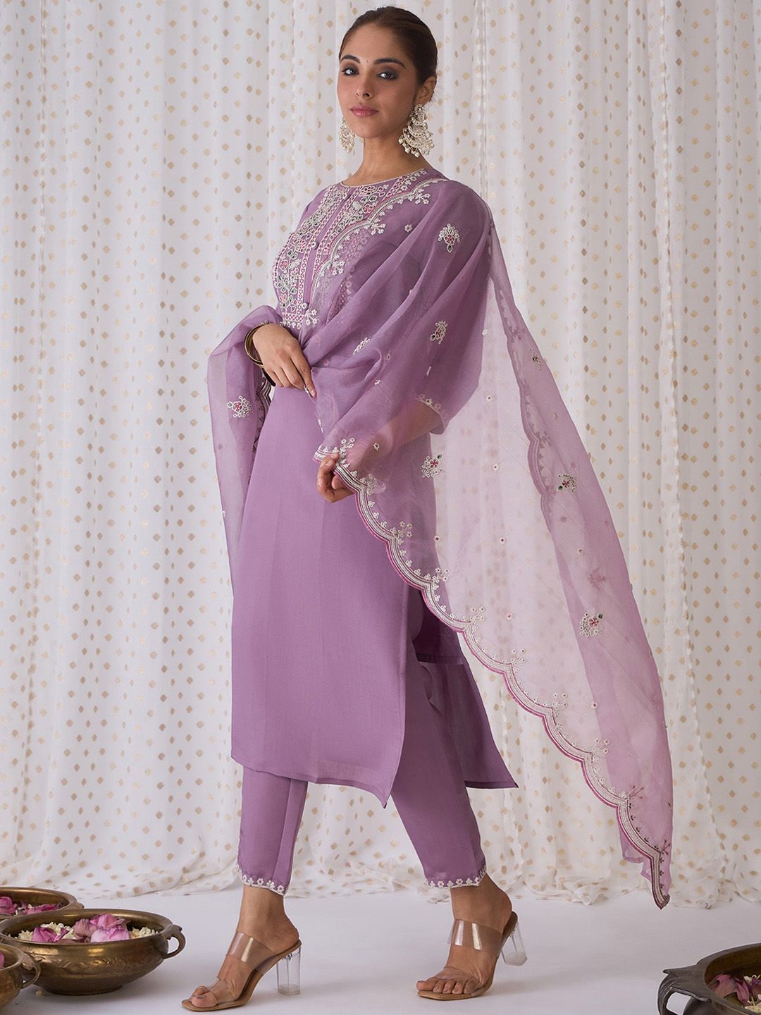 Floral Embroidered Round Neck Thread Work Kurta with Trousers & Dupatta