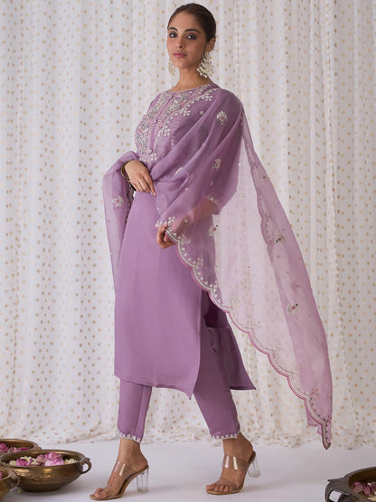 Floral Embroidered Round Neck Thread Work Kurta with Trousers & Dupatta