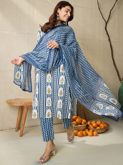 Floral Printed Tie-Up Neck Pure Cotton Straight Kurta With Trousers & Dupatta
