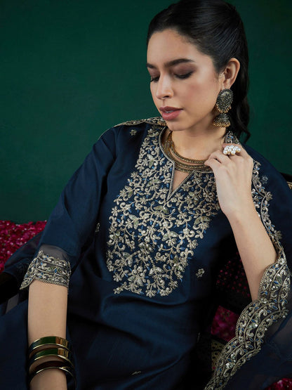 Dhiyona IE Floral Embroidered Regular Thread Work Liva Kurta With Trousers & Dupatta