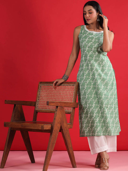Dhiyona IE Geometric Printed Round Neck Sleeveless Gotta Patti Cotton Straight Kurta