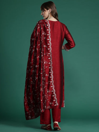 Floral Embroidered Sequinned Kurta with Trousers & With Dupatta