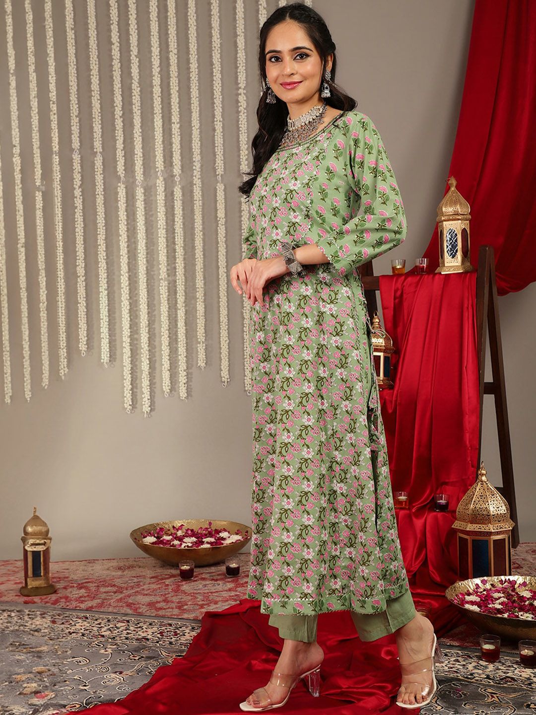 Dhiyona VA Women'sEthnic Motifs Printed Pure Cotton Regular Kurta with Trousers & With Dupatta