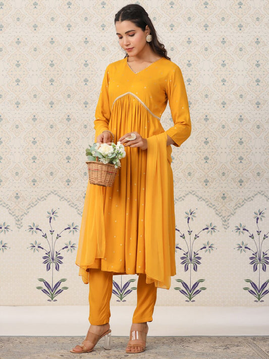 Dhiyona OD  Geometric Printed Pleated Kurta & Trousers With Dupatta